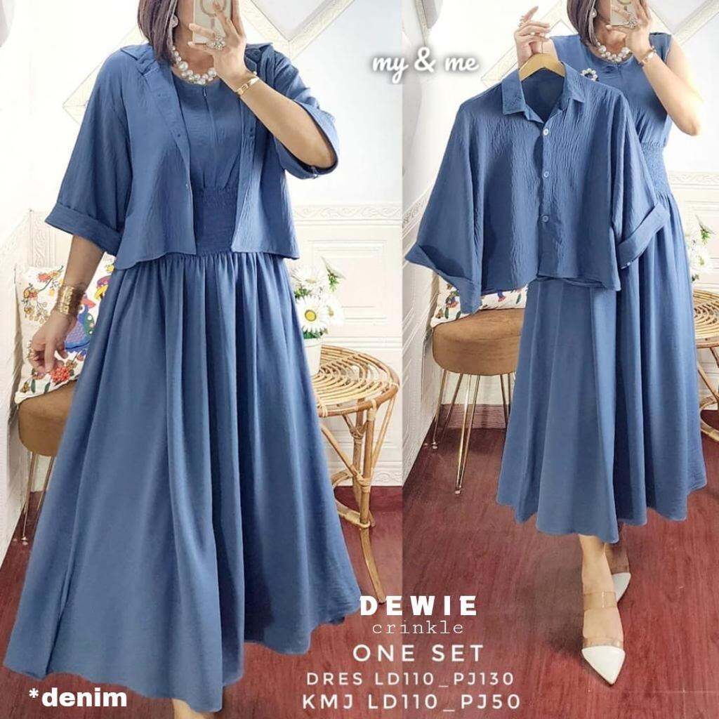 Dewie One Set Crinkle Airflow - Dress Gaun Wanita Outer Cardigan - Blouse Adem Bahan Jatoh Lembut - 