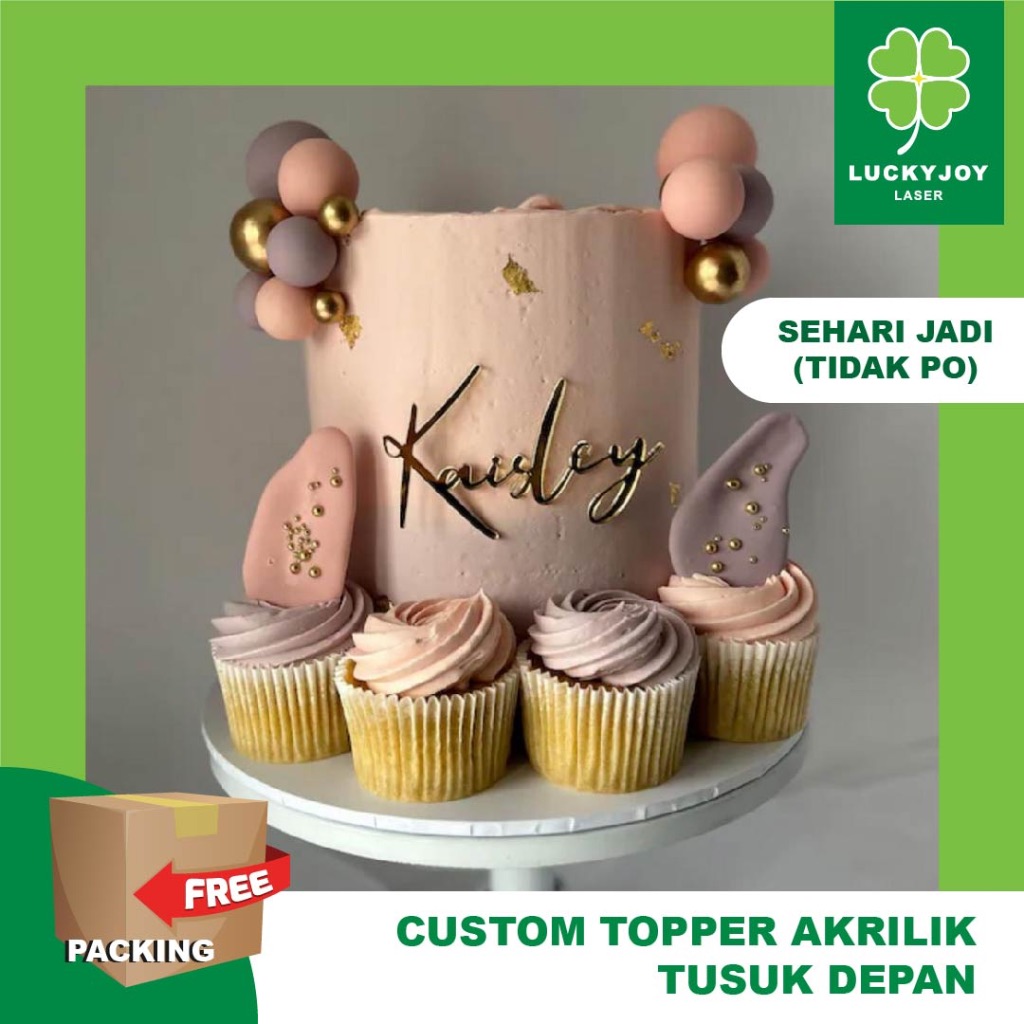 Topper Cake Akrilik TUSUK DEPAN Custom Toper Acrylic Nama Angka Inisial Wedding Engagement Birthday