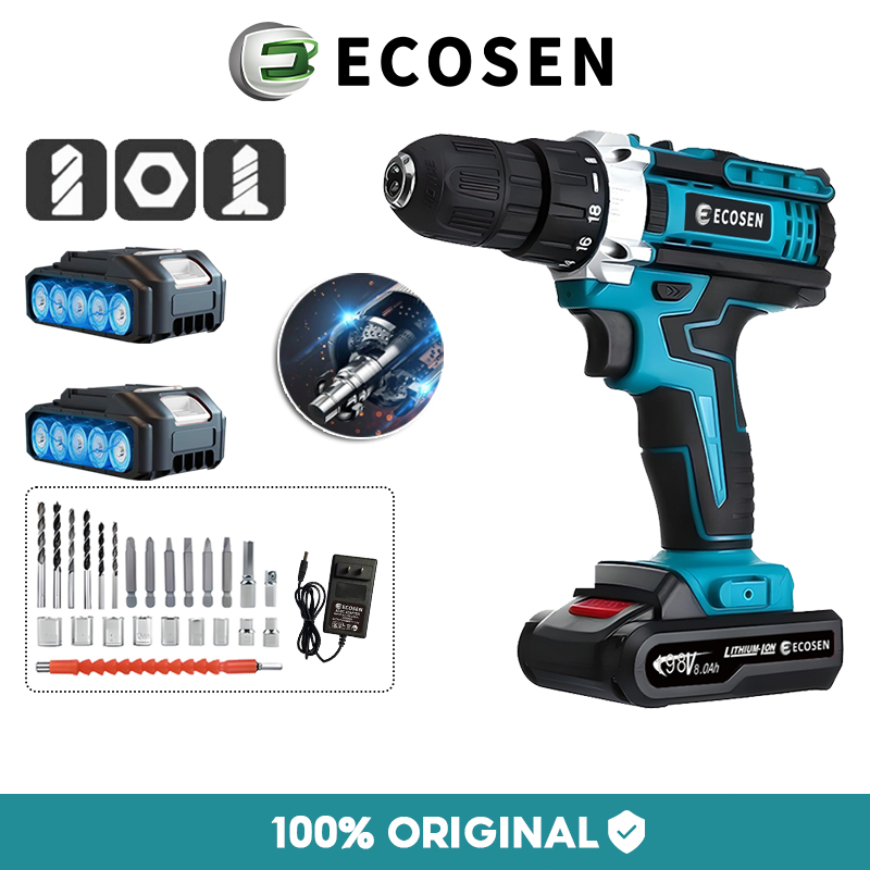 ECOSEN 198V Mesin Bor Baterai Tangan Cordless Drill Battery Bor Cordless Power Drills Kit 2 Baterai