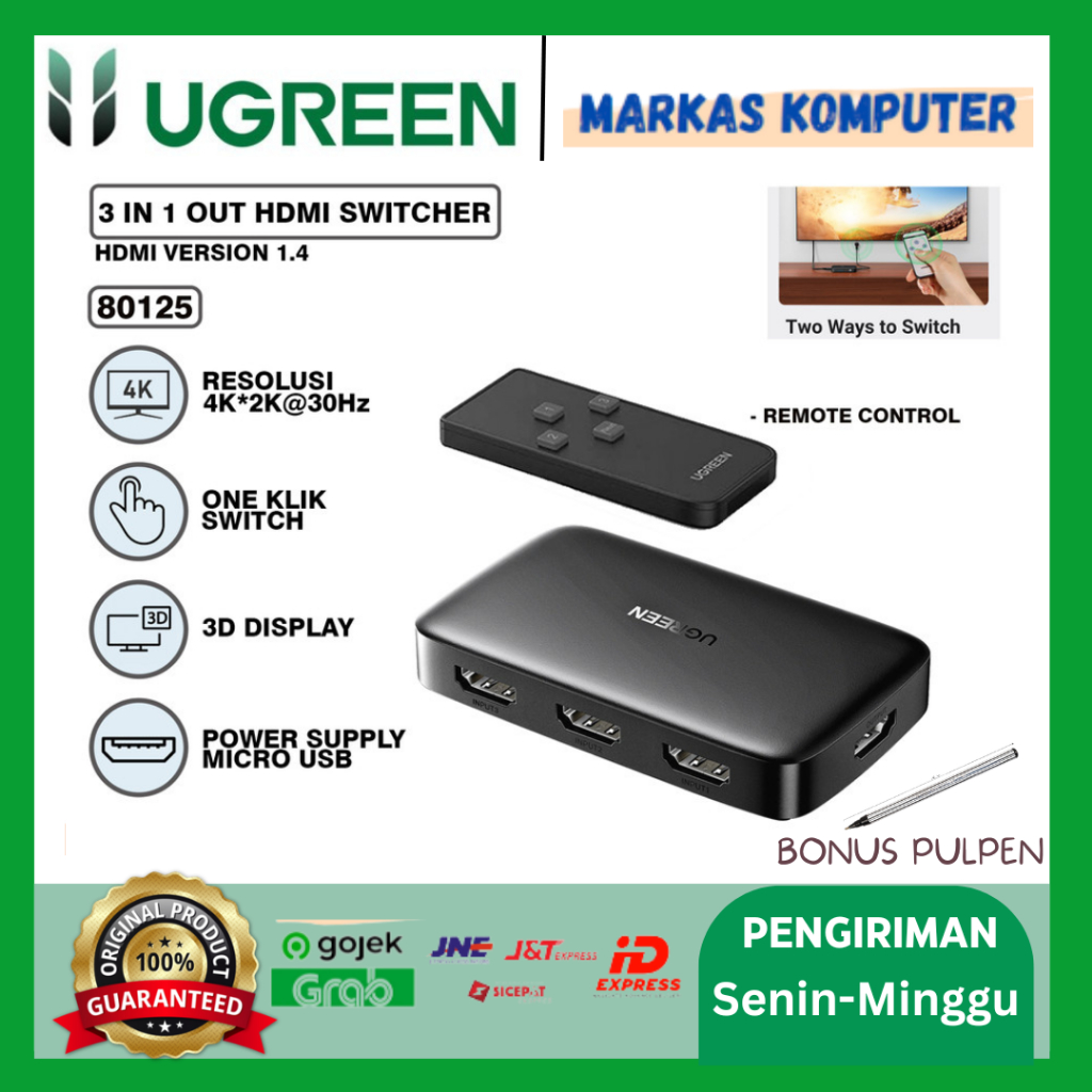 Ugreen HDMI Switcher 3 in 1 out 4K3D with Remote - 80125