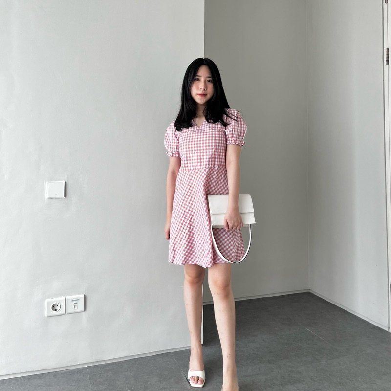 Elena Dress - Dress A line - Dress Korea Kotak Gingham - Dress Mini Wanita Korea Puffy Sleeves