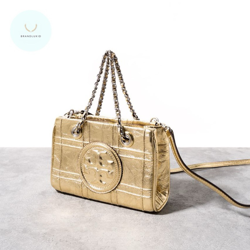 Tory Burch Fleming soft mini metallic quilted chain tote bag leather Gold