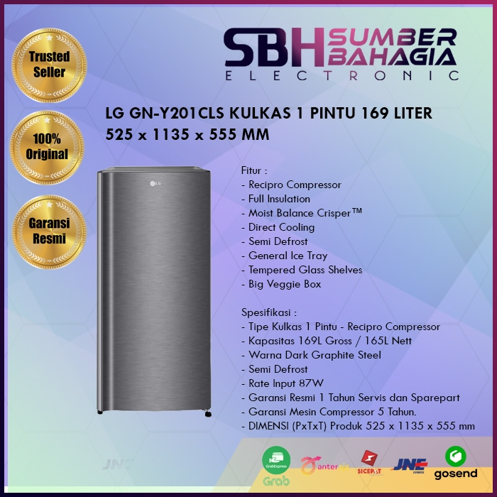 LG GN-Y201CLS KULKAS 1 PINTU 169 LITER 525 x 1135 x 555 MM (NEW) (KHUSUS BANDUNG)