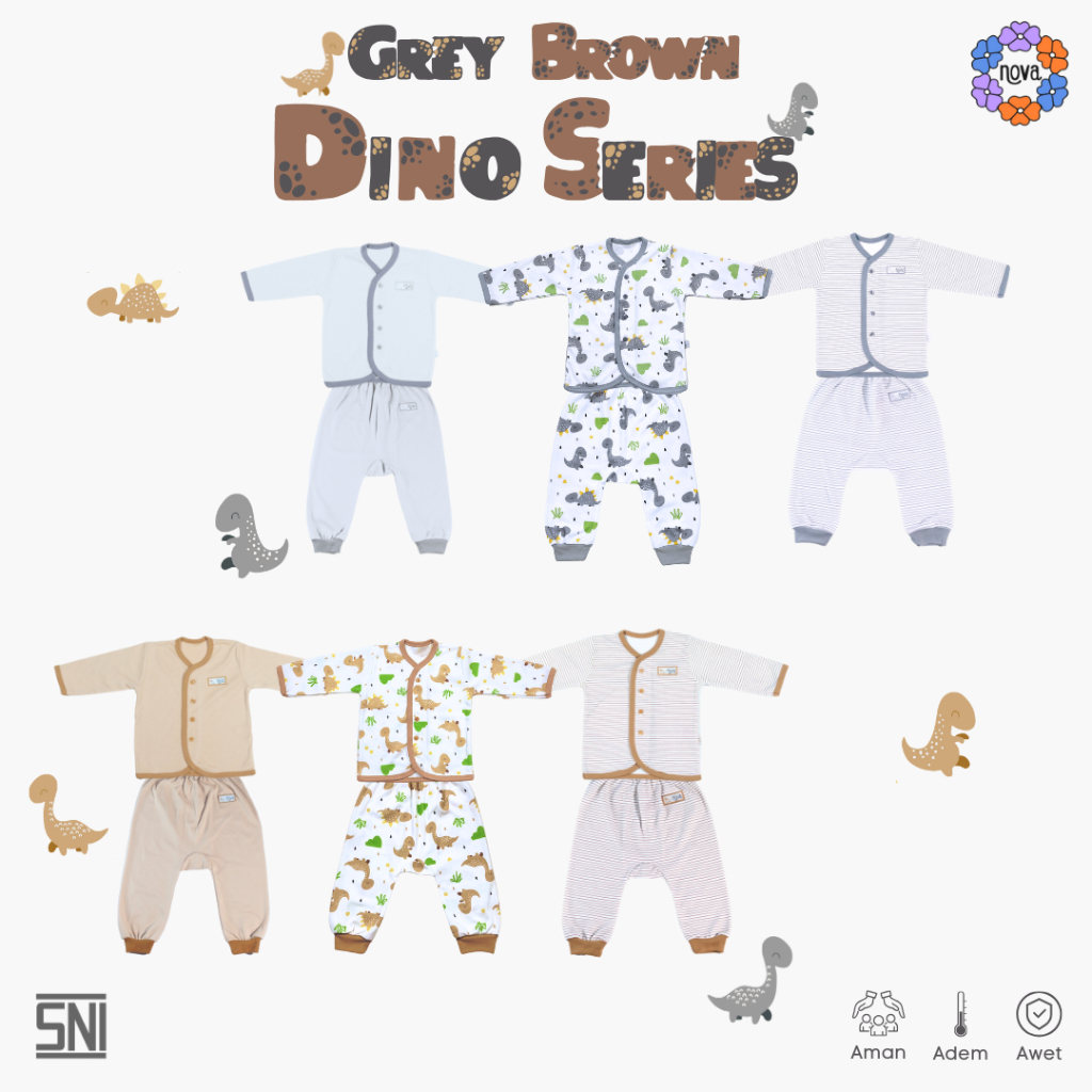 NOVA - Grey Dino Series - Setelan Anak - Setelan Baju Kancing Panjang 3-24 Bulan SNI