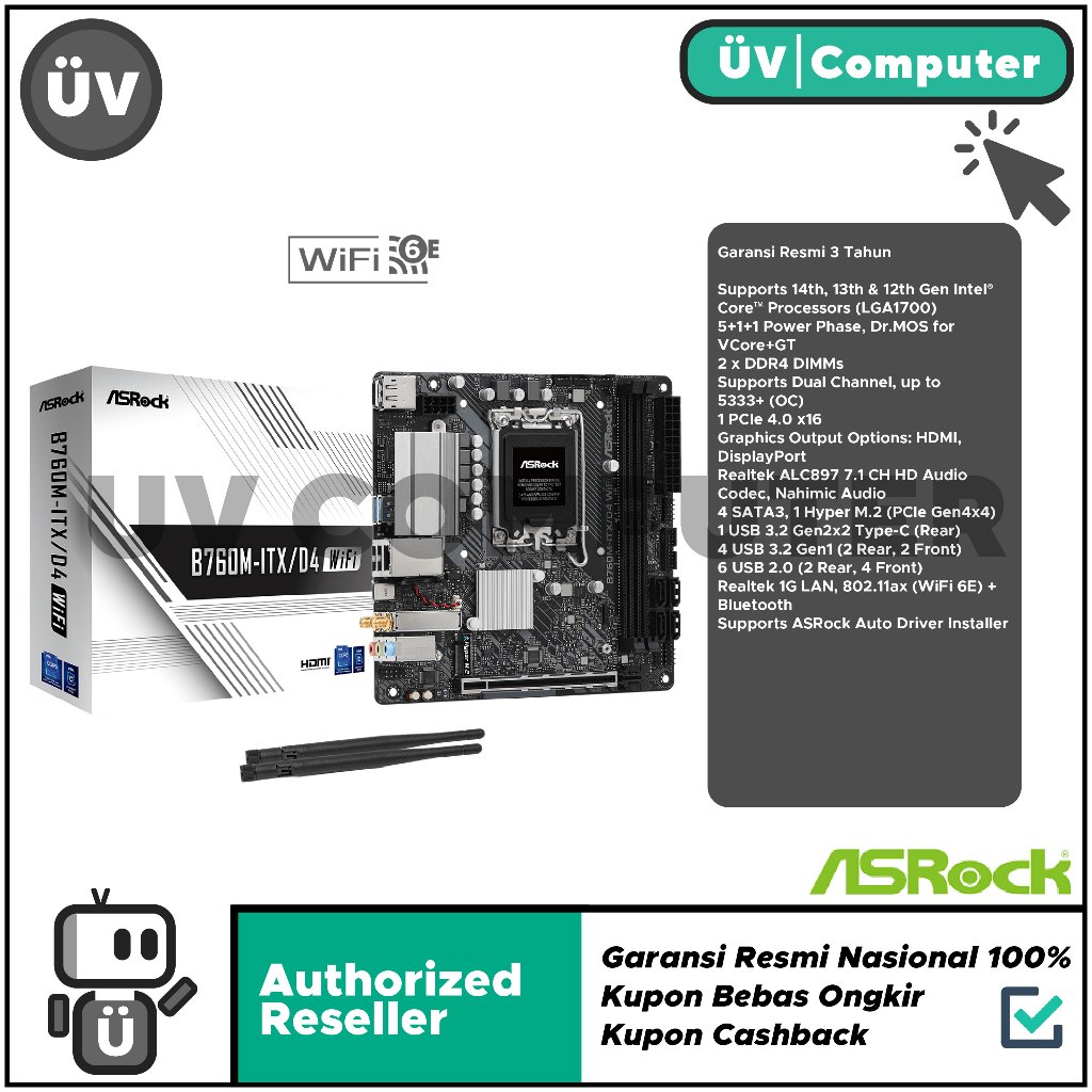 Motherboard Mobo Intel Asrock B760M-ITX/D4 WiFi DDR4 LGA 1700 Mini M-ITX