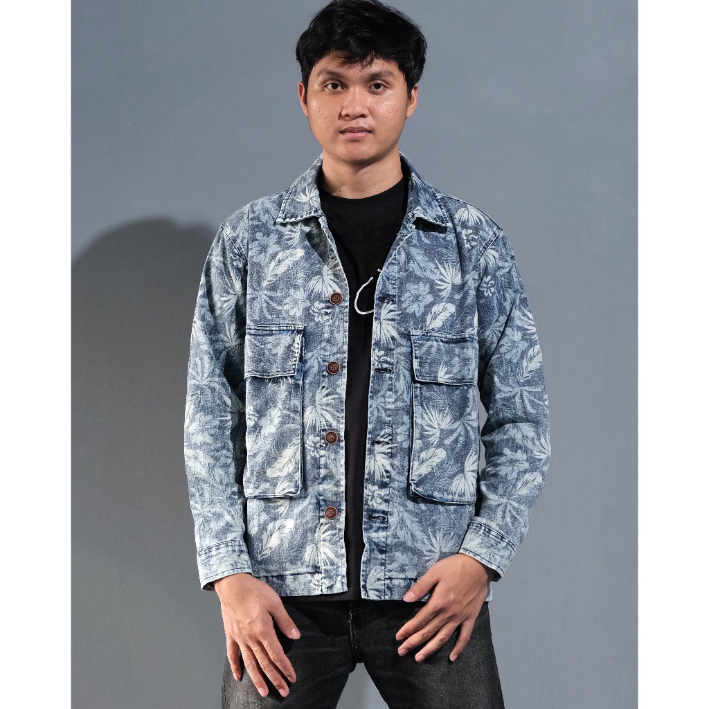 OSG - Jaket Denim Pria Wanita Motif Bunga Biru