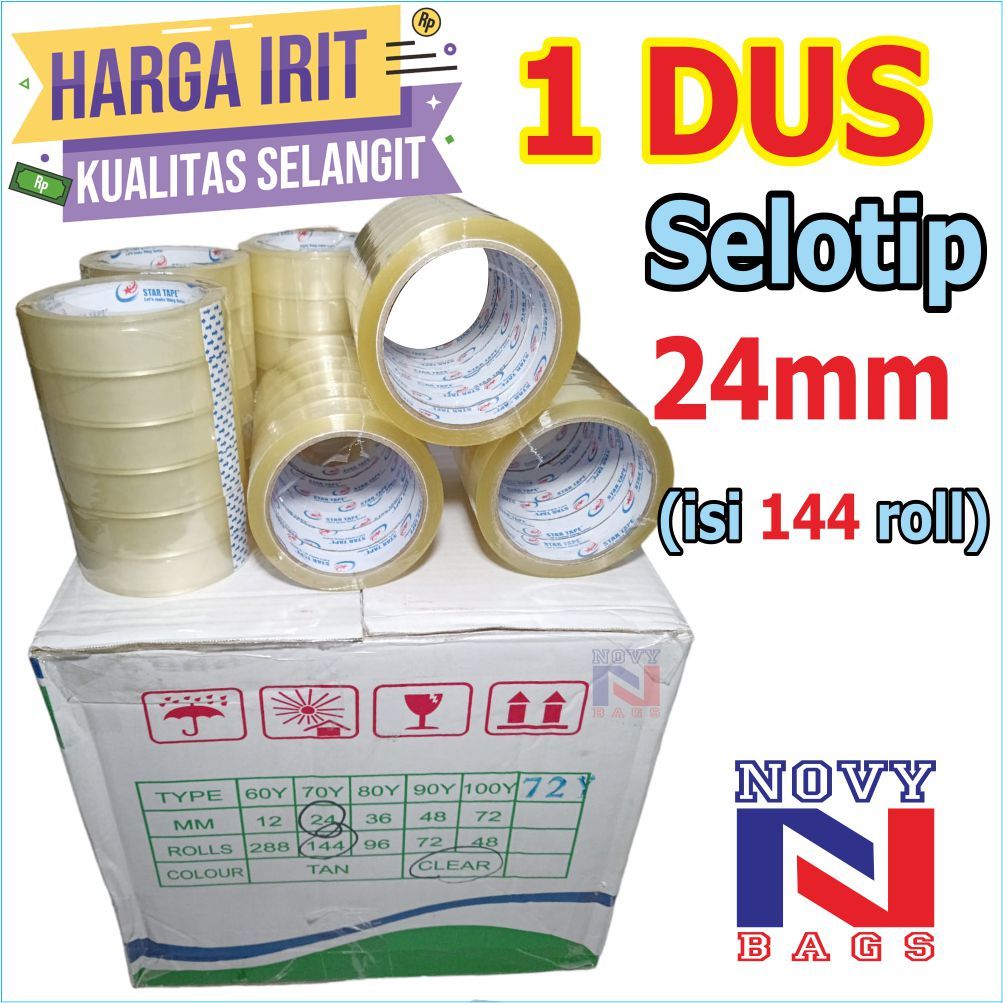 

HARGA GROSIR LAKBAN BENING / SOLASI / SOLATIP / SELOTIP UKURAN 24MM X 100 yard Harga 1 DUS