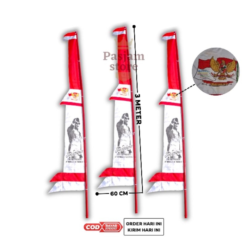 Umbul-Umbul Bendera Merah Putih Bandir Soekarno Jumbo Panjang 3 Meter Spanduk Dekorasi 17 Agustus