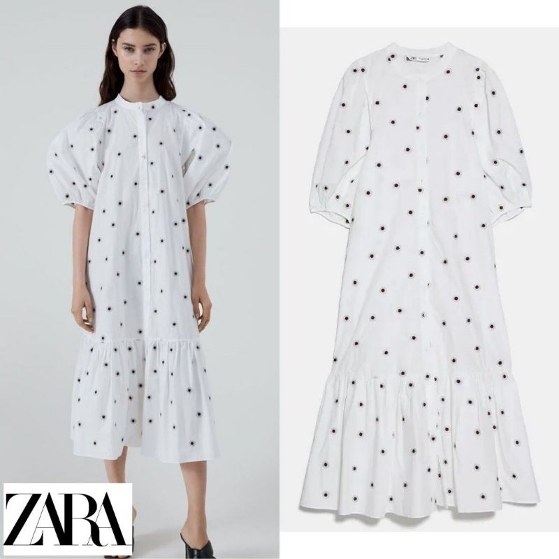 [ZARA] Embroidery Poplin Long Dress Floral Puffy Sleeve Cotton Tiered High Collar Neck Button Summer