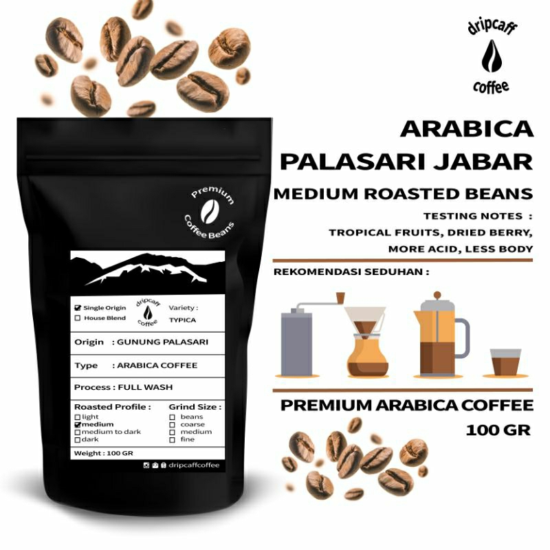 

DRIPCAFF Kopi Arabika Full Wash Beans / Bubuk 100 Gr Gunung Palasari Jawa Barat Medium Roast Grade1