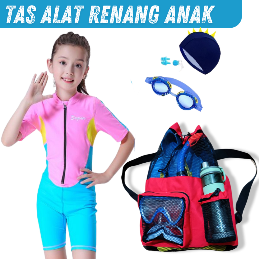 Tas Renang Anak Ransel Jaring Serut Untuk alat Berenang Pelampung Fin Kaki Katak