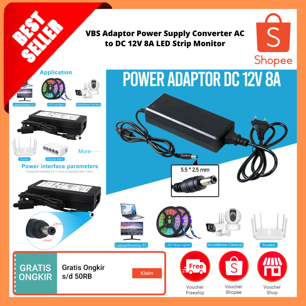 Adaptor Power Supply Converter AC to DC 12V 8A LED Strip Monitor / Adaptor daya lampu LED strip