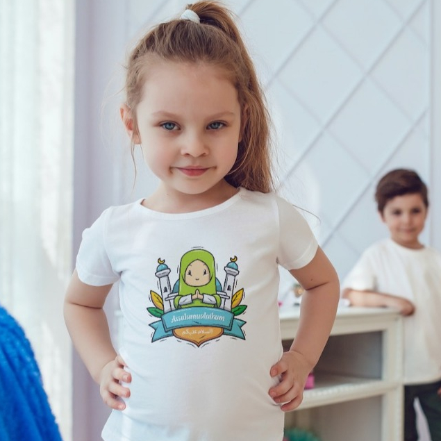 Kaos Anak Motif Edukasi Muslim Assalamualaikum / Kaos Custom Seragam Anak TK Paud Cetak  Nama / Kaos