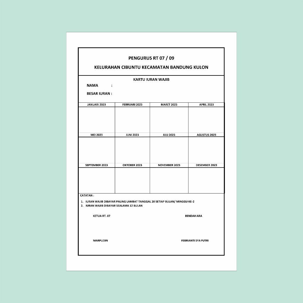

Cetak Katu Iuran Rt/Rw, Kartu SPP, Absesnsi ukuran 15x21