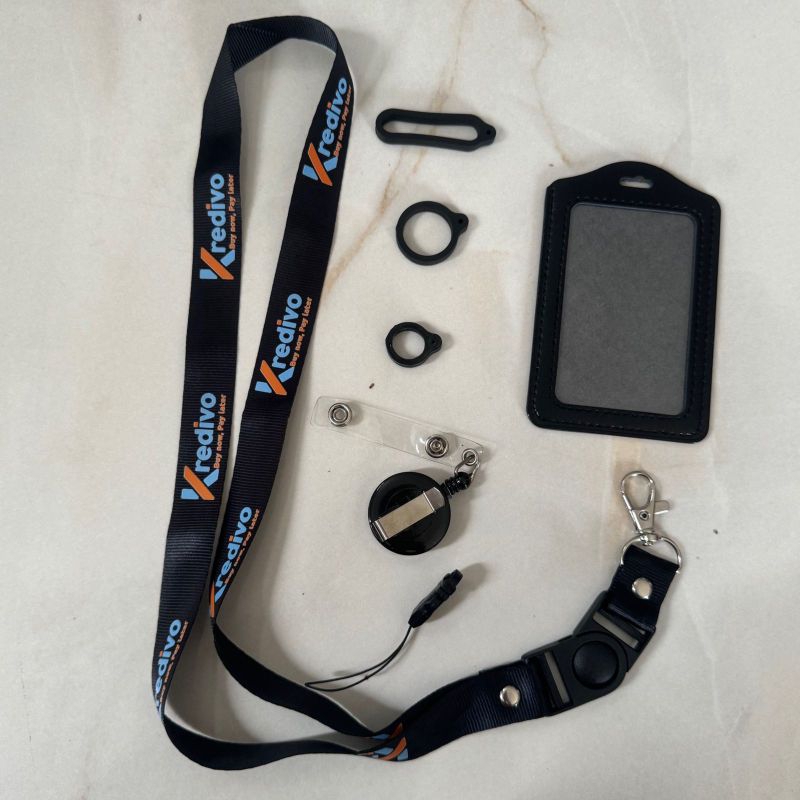 

Tali Lanyard KREDIVO - Gantungan ID Card lanyard printing KREDIT PINJAMAN plus karet pod 13mm 20mm 40mm yoyo card holder HITAM LOGO