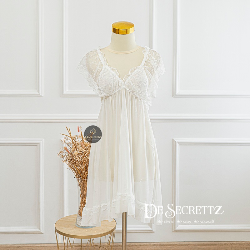 DeSecrettz DAISY Baju Tidur Wanita Dewasa Model Lingerie Big Size, Includes Lingerie + G String, Baju Tidur Wanita, Baju Dinas Depan Suami, Babydoll Lingerie, Pakaian Dalam Wanita, Lingerie Murah, Sleepwear-White