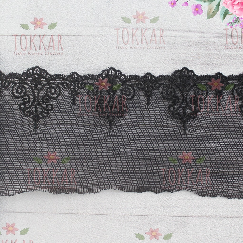 (Per Meter) RDT357 Renda Bordir Tile Hitam Motif Cantik Lebar 11Cm