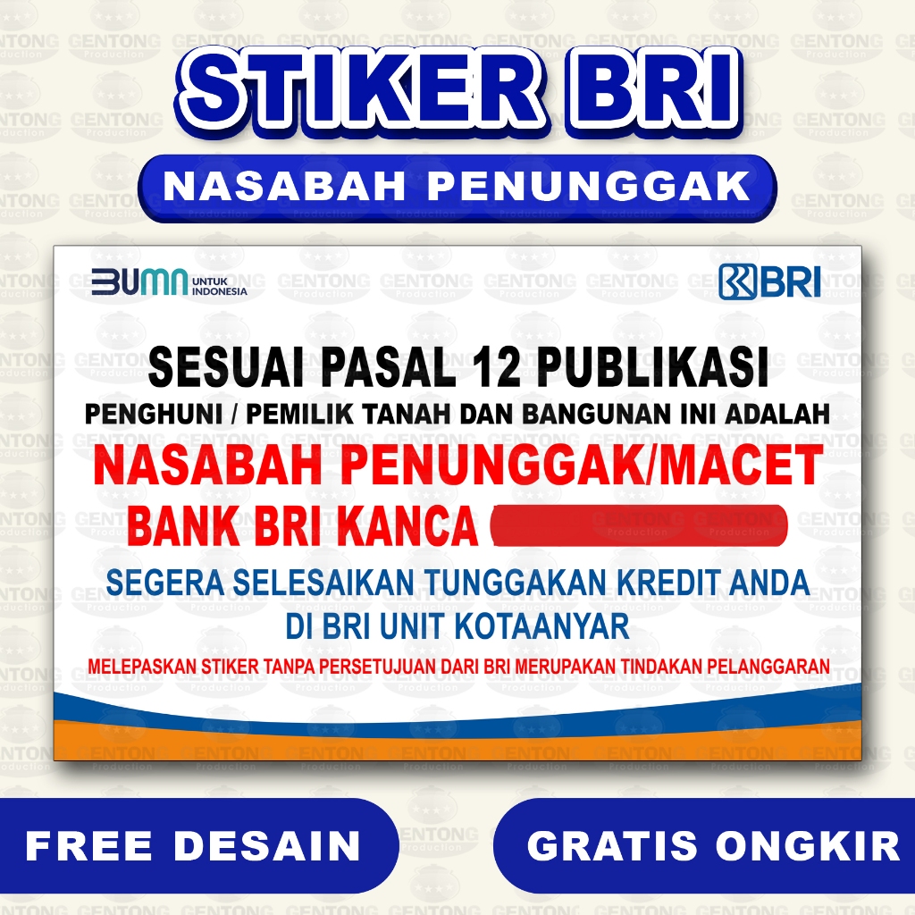 

CETAK STIKER BRI CETAK STIKER NASABAH PENUNGGAK CETAK STIKER NASABAH MACET STIKER TEGURAN STIKER BRI STIKER MANDIRI STIKER BCA STIKER MANDIRI LELANG Stiker Ukuran 30x45 dan 20x30