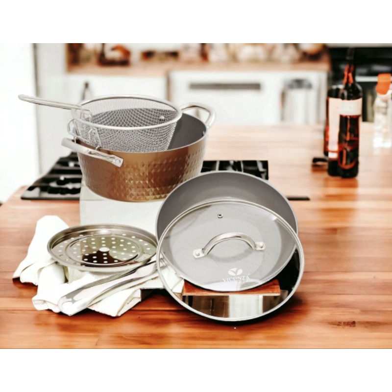 Set panci pengukus & penggorengan VICENZA V5491 COPPER, Paket Peralatan masak bulat dengan lapisan a