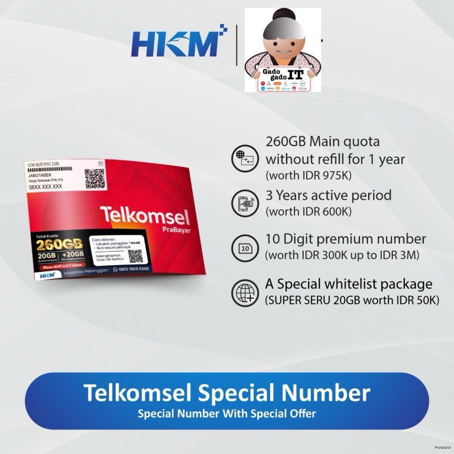 Kartu Perdana Internet Telkomsel Prabayar KUOTA 260GB SETAHUN Dengan Nomor Cantik 10 Digit