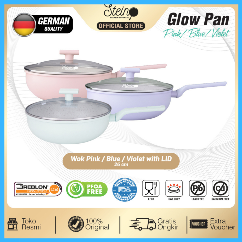 Steincookware Fry Wok Marble Wajan Penggorengan Teflon Anti Lengket Dengan Tutup 26 cm Glow Pan