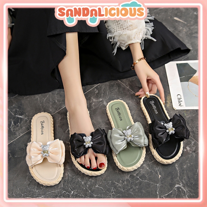 Sandal Slip-On Wanita Pita Beruang Glitter Import Korean Style - Sandal Teplek Jelly Mewah Lentur