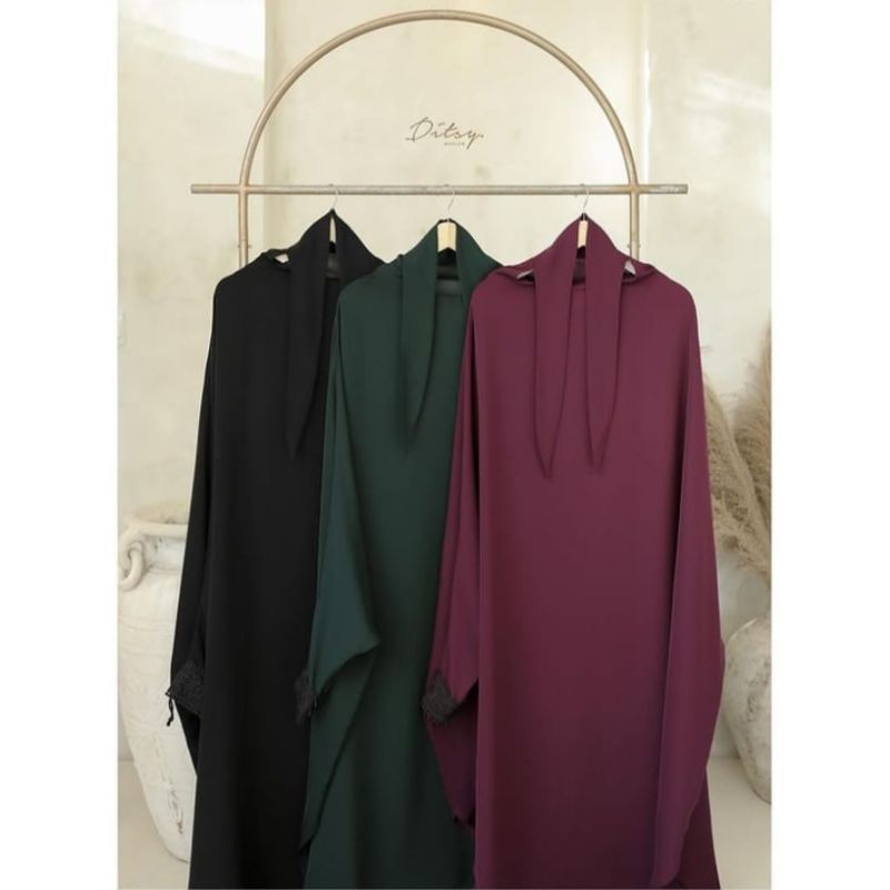 French Khimar set Warna hitam Black Long Ditsy