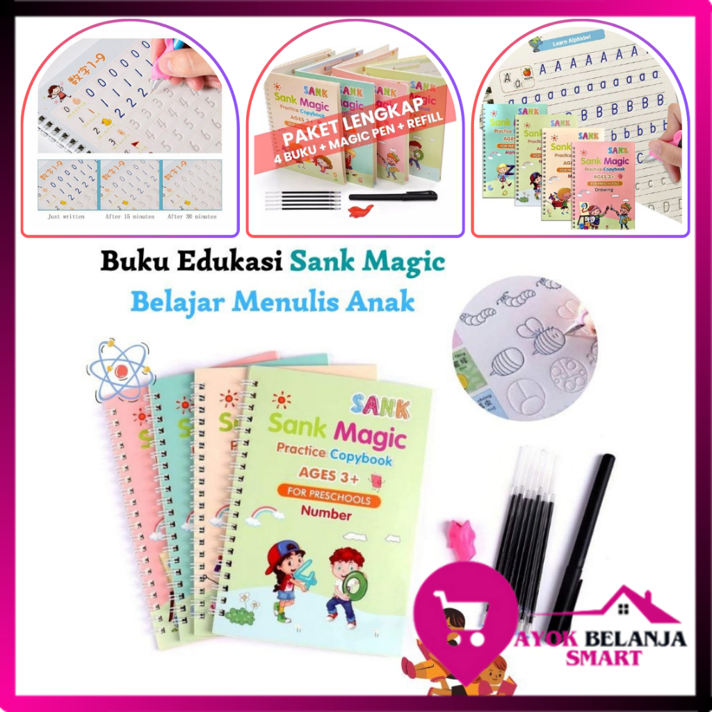

ABS Sank Magic Book Practice Copy Book 4 in 1 Bahasa Inggris Arabic Hijriyah Hijaiyah Umur 3 Tahun Keatas Buku Belajar Edukasi Panduan Belajar Menulis Anak TK Buku Belajar Buku Gambar Anak 1 Set Isi 4 Buku + Refill For Preschools