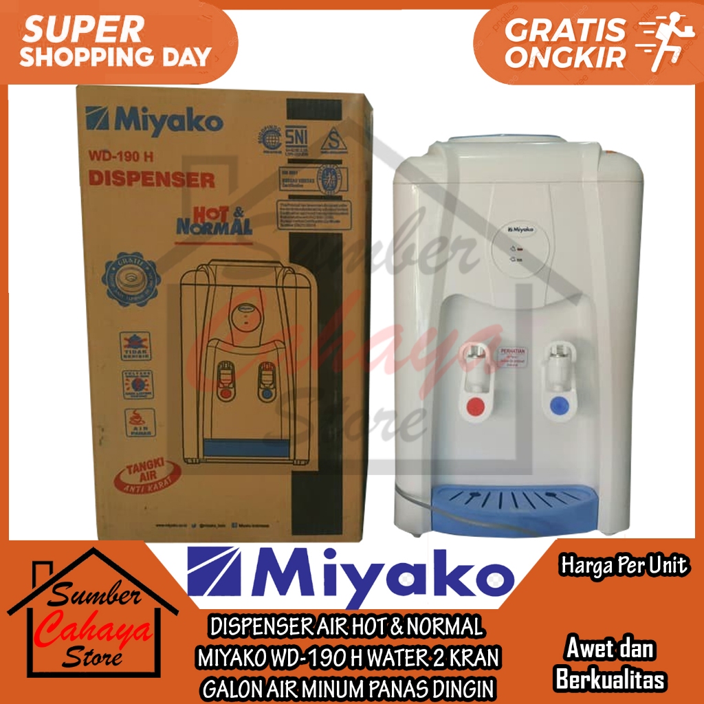 DISPENSER HOT & NORMAL MIYAKO WD-190 PH WATER DIS PENSER 2 KRAN KERAN AIR MINUM PANAS DINGIN DISFENS