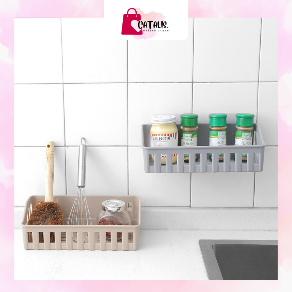 CATALIS Rak Gantung Tempel Dinding / Rak kamar Mandi Dapur / Wadah Penyimpanan Serbaguna Bonus Lem