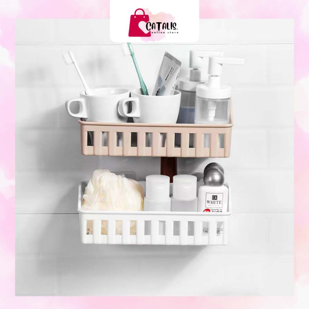 CATALIS Rak Gantung Tempel Dinding / Rak kamar Mandi Dapur / Wadah Penyimpanan Serbaguna Bonus Lem