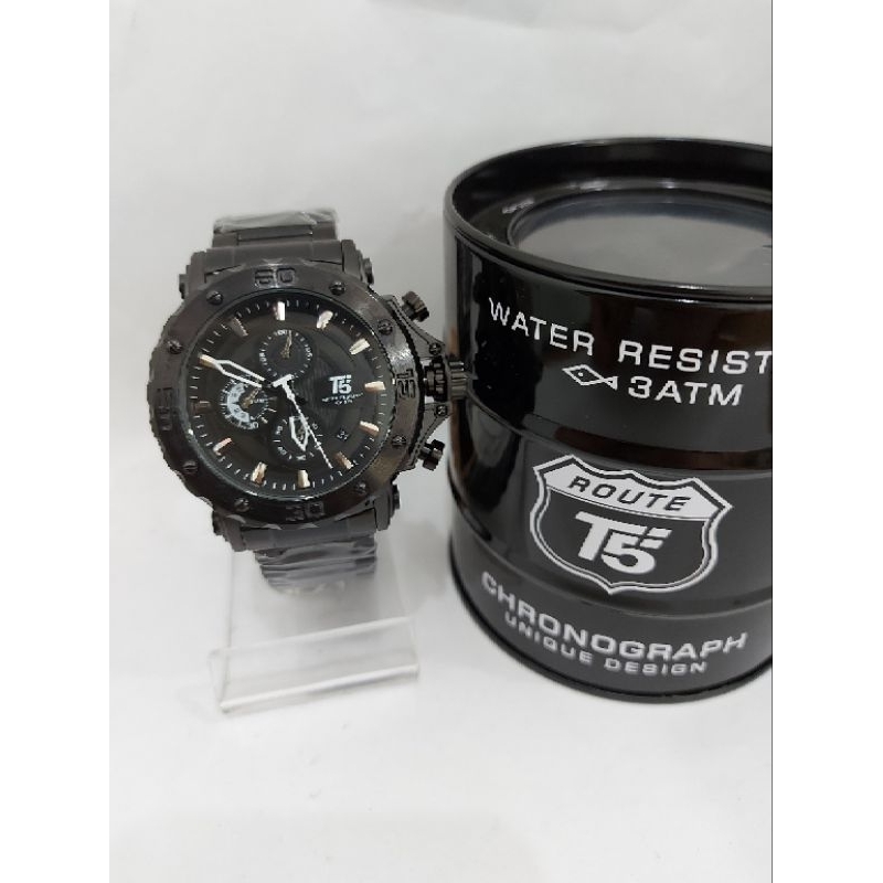 Jam Tangan Pria T5 Original Stainless Hitam Rose Gold Chrono Water Resist Free Box Paper Bag Manual 