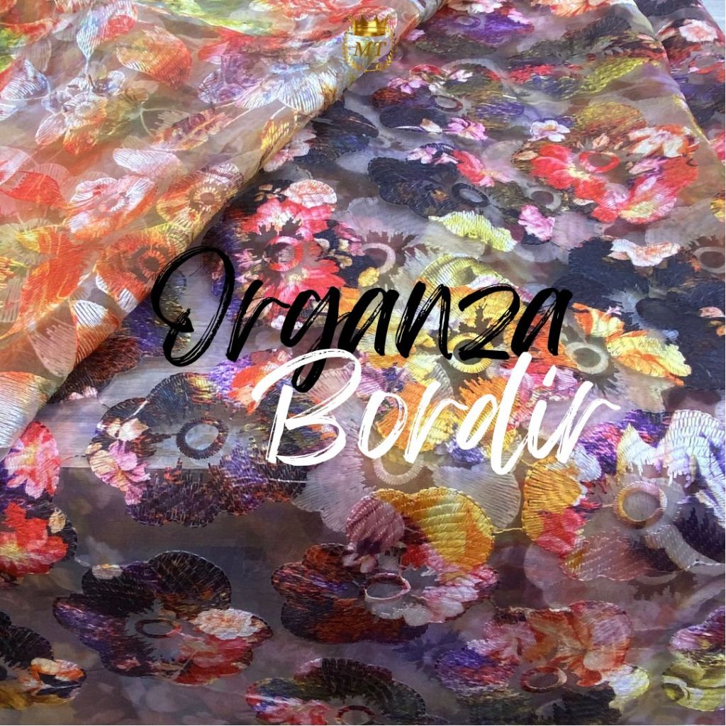 Kain Organdi Motif Bordir Premium / Organza Corak Bunga / Organdy Bordir Abstrak / Tulle Organza Mot