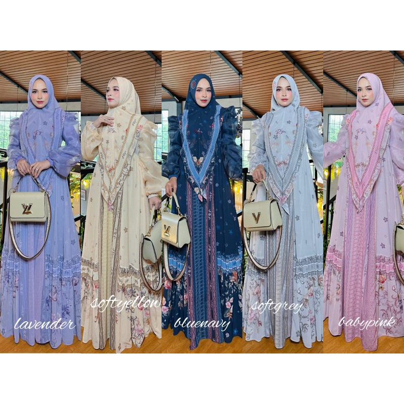 Lilly Series By Rhyn.ori Brand Eldeena Syari Original Gamis Ceruty Babydoll Premium Full Furing Set 