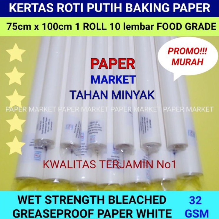 

Stok Banyak KES ROTI PUTIH GREASEPROOF PAPER WHITE 32 GSM uk 75 x 1cm 1 roll 1 lembar