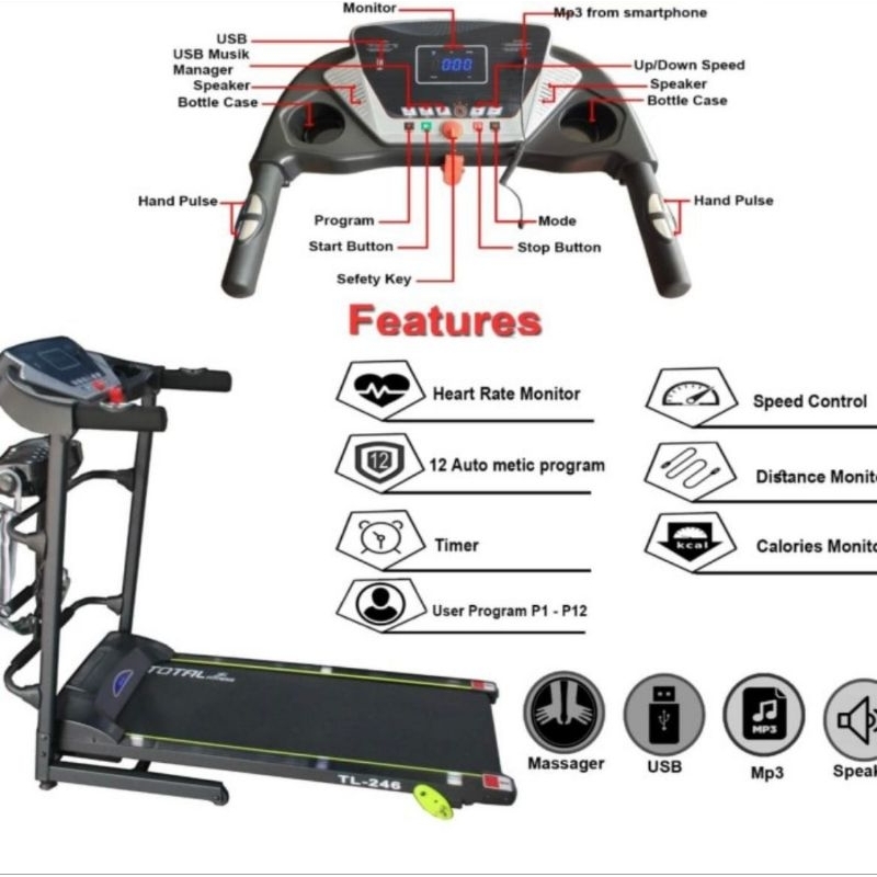 TREADMILL ELEKTRIK 3FUNGSI TL 246 TREADMILL TOTAL FITNESS
