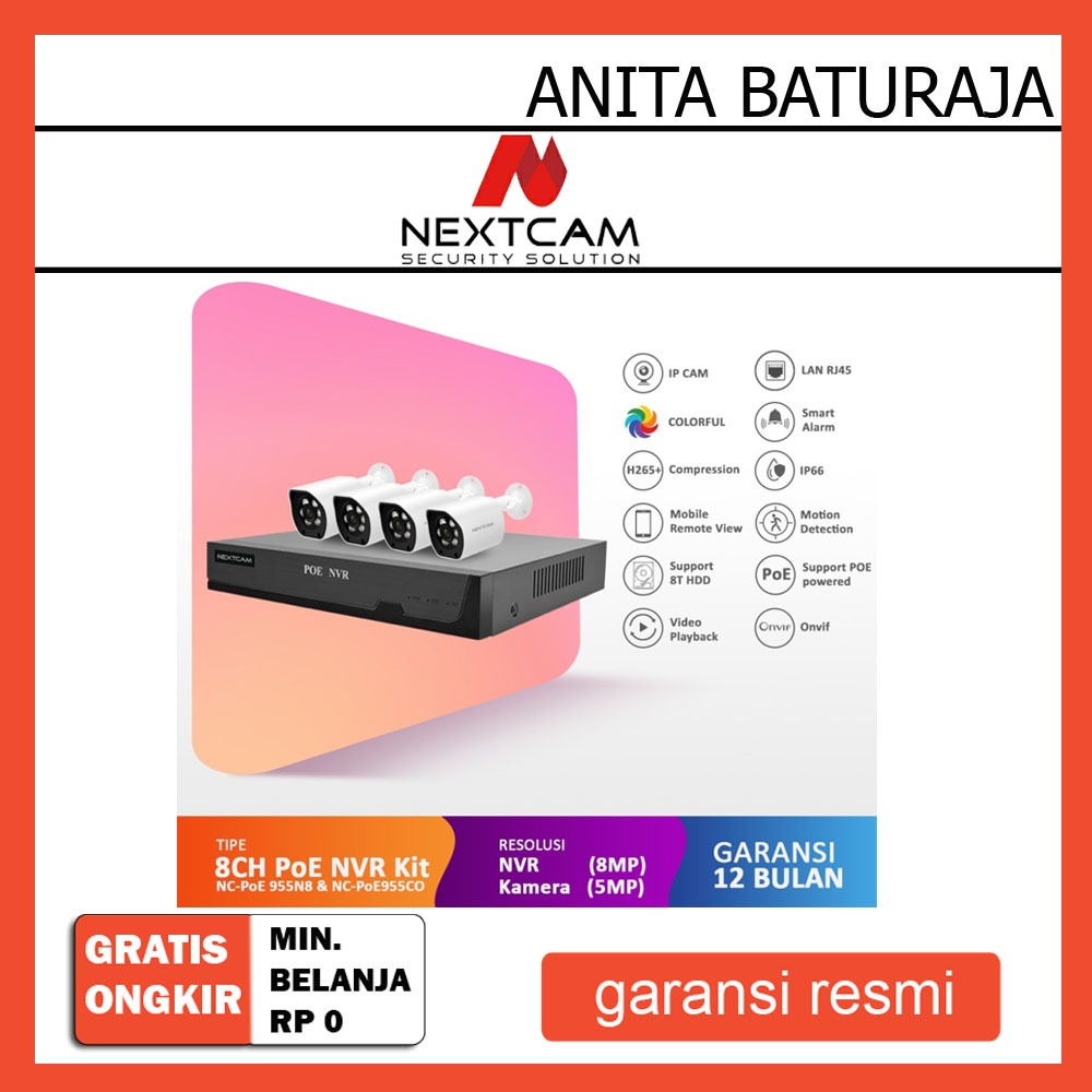 Nextcam Paket cctv POE 8 channel 8MP 4 Kamera 5MP Outdoor Komplit Kabel Tinggal pasang Tanpa perlu k