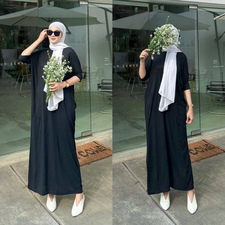 Dress Knit Rajut Batwing - Gamis Wanita Maxy Model Kalong Jumbo - Dress Panjang Polos