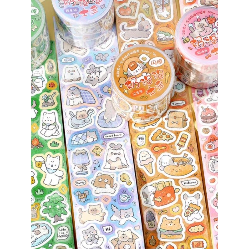 

1loop 35cm Stiker Washitape Sticker Roll Tape Flash Film Hologram motif Beruang Kelinci Kucing