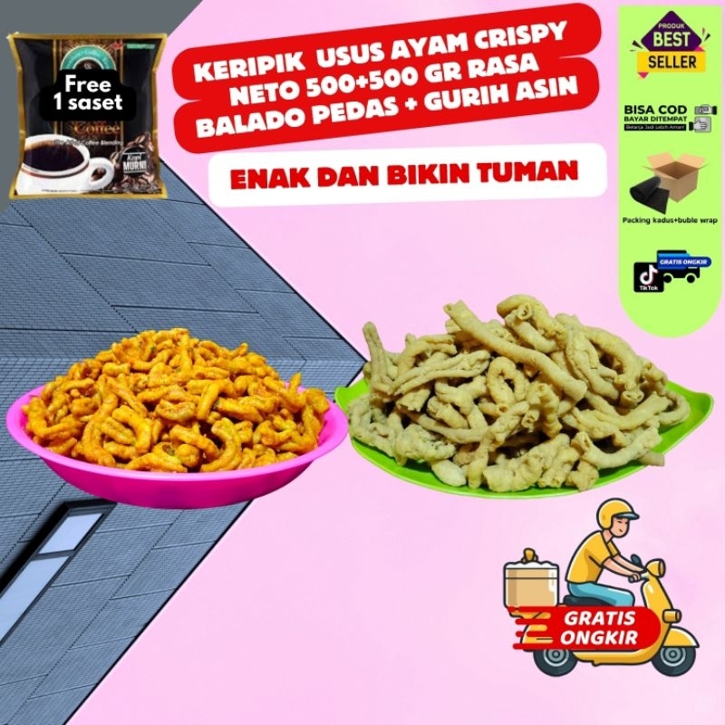 

KERIPIK USUS AYAM 500GR GURIH ASIN DAN BALADO PEDAS SNACK FOOD