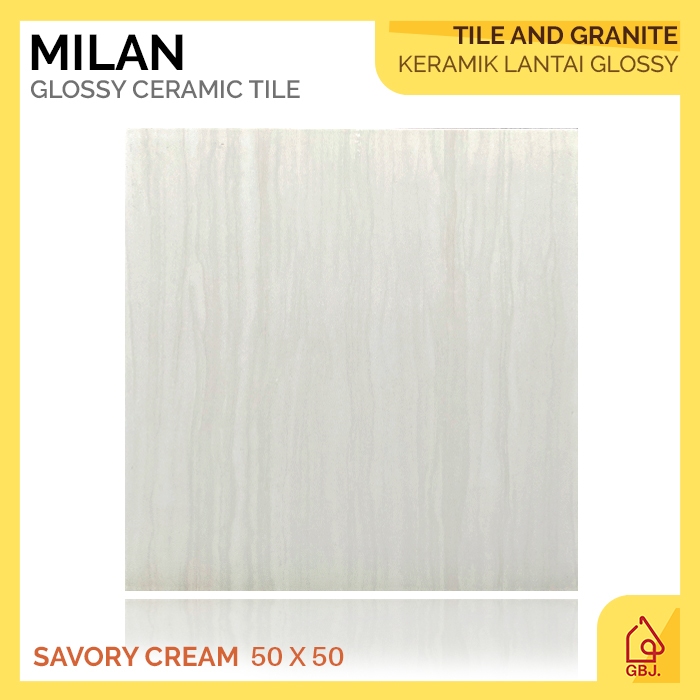 KERAMIK MILAN 50 X 50 SAVORY CREAM GLOSSY CUTTING / KERAMIK LANTAI MOTIF MARMER GLOSSY