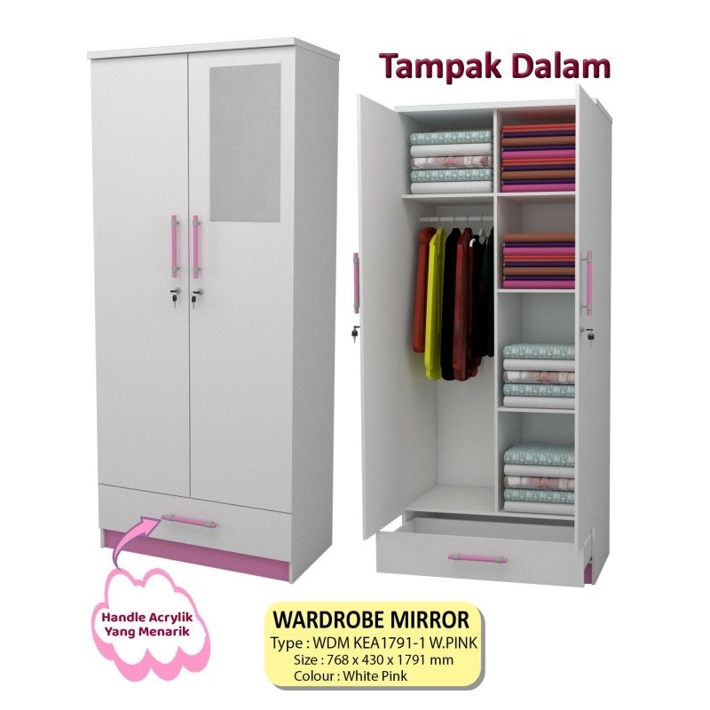 Lemari  Pakaian 2 Pintu Putih Pink Putih Biru Handle Arcylik