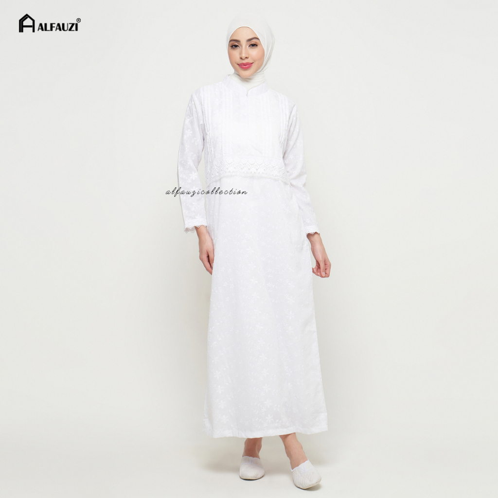 ALFAUZI - Gamis Umroh Wanita / Gamis Haji / Baju Muslim Putih / Baju Haji Wanita / Gamis Katun Jepan