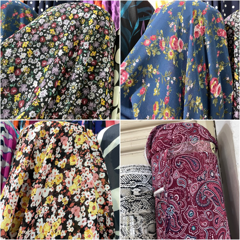 kain sifon ceruty motif lebar 150 cm | kain meteran | bahan sifon ceruty kembang bunga kecil besar
