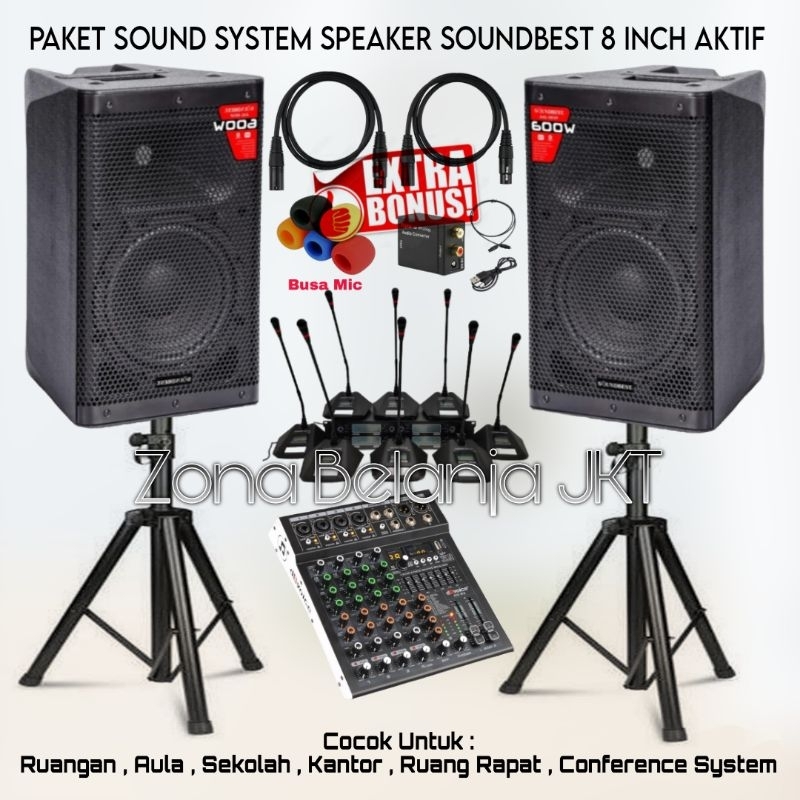 PAKET SOUND SYSTEM RUANG RAPAT MEETING SPEAKER SOUNDBEST 8 INCH MIXER 4 CHANNEL USB BLUETOOTH 8 MIC 