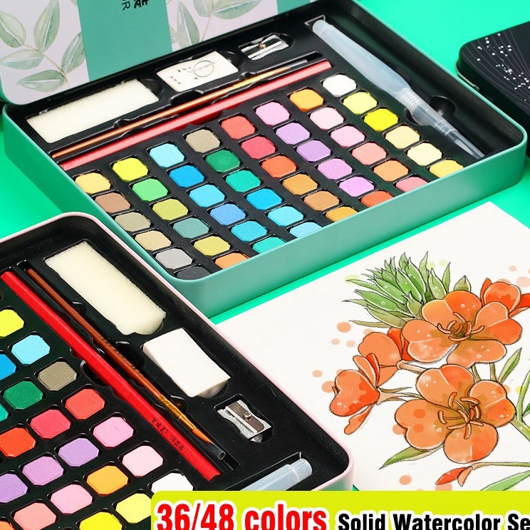

Ready Stok 3648 warna Solid Watercolor Paint Set Cat Air Padat Warna Terang Dengan Kuas Air Otomatis