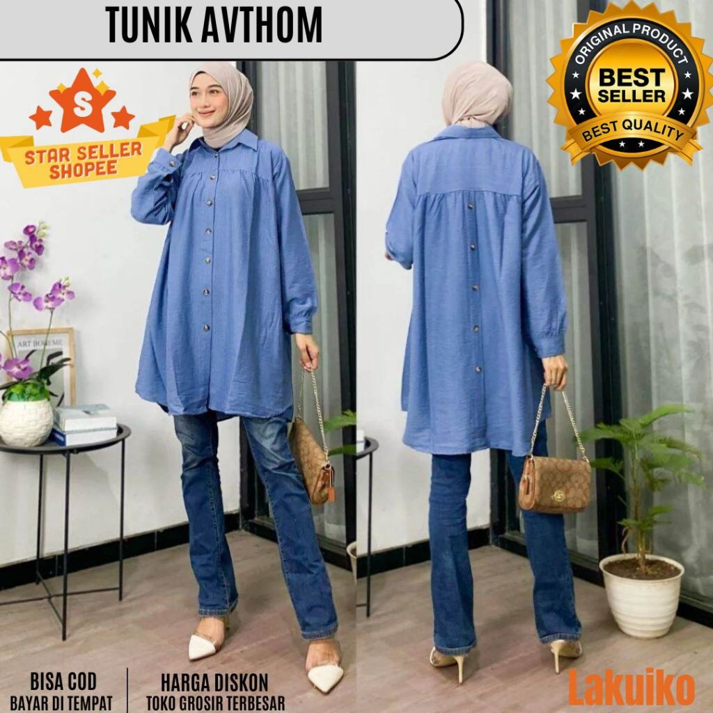Promo Tunik Avthom - Baju Atasan Wanita Polos Kancing Depan Belakang