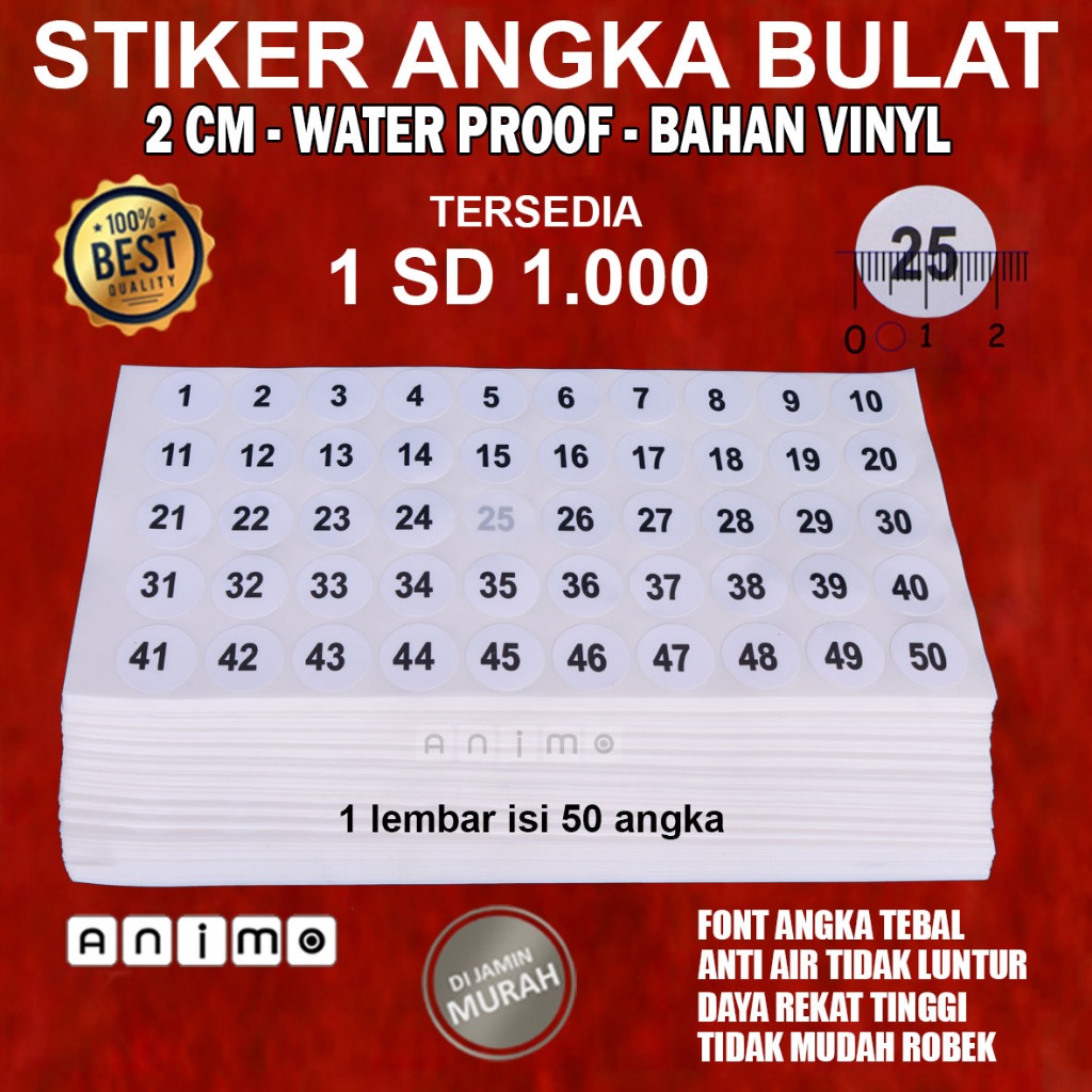 

STIKER BULAT ANGKA Tahan Air 2 CM - Stiker Bulat Angka Vinyl - Waterproof Round Number Stickers 2 CM