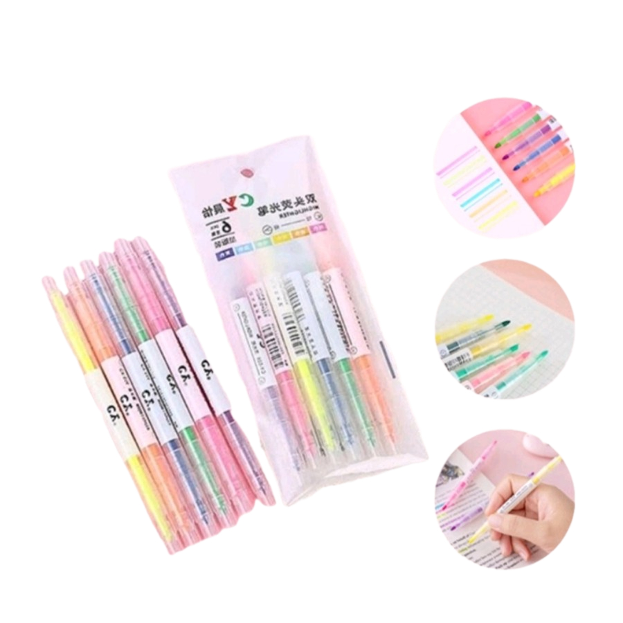 

[Isi 6 Pcs] Stabilo Panjang 2 Sisi Warna Warni Stationery Highlighter