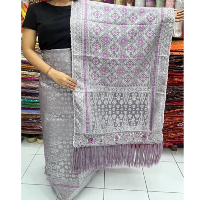 Songket Palembang Mesin Motif Bunga cina/Abu kombinasi Pink
